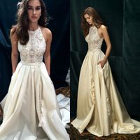 Wholesale 2 Pieces Boho Wedding Dresses Bridal Gowns A Line Sweep Train Halter Lace Applique Illusion Bodice Long Beach Bride Dress Plus Size