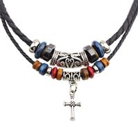 Wholesale Retro religion cross beaded necklace adjustable double root braided leather cord necklace jewelry punk collier for man