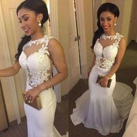 Wholesale Best Sale Mermaid Jewel Sweep Train White Chiffon Prom Dress Sheer Top And Back Appliques Lace Long Evening Dreses Sleeveless