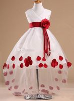 Wholesale Flower Girl Dresses Patterns in V neck Sleeveless High Low Rose Sash White Flower Girl Dress With Red Petals