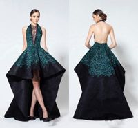 Wholesale Sexy Backless Halter High Low Prom Dresses Lace Applique See Through Evening Gowns Saudi Arabic Formal Party Dresses Personalized Vestidos