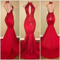 Wholesale 2018 Red Halter Keyhole Satin Mermaid Long Prom Dresses Lace Appliques Beaded Backless Sweep Train Evening Gowns Formal Party Dresses