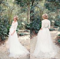Wholesale Modest Romantic Bohemian Lace Wedding Dresses with Half Sleeves Plunging Neckline Beading Sash Tulle A Line Pregnant Wedding Gowns