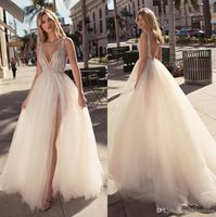Wholesale Plunging V Neck Beaded Pearls Collar A Line Wedding Dresses Sexy Open Back Side Split Rhinestones Tulle Beach Bridal Gowns Custom Made