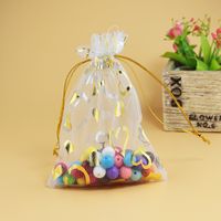 Wholesale White Organza Bag x16cm Drawstring Tull Fabric Packaging Bags Gold Heart Display Pouches For Jewelry Gift Candy