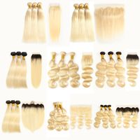 Wholesale Cuticle Aligned Blonde Hair Straight Body Wave B Cheveux vierges brésiliens Weave Bundles With Lace Closure Frontal Extensions