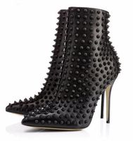 Wholesale 2018 Red Black White Spiked Ankle Booties Pointed Toe Zip Side High Heels Women Shoes Rivets Studded Women Boots Soft Leather Shoes