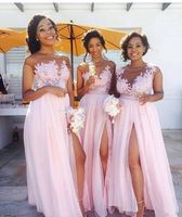 Wholesale Sheer Neck Pink Long Bridesmaid Dress Appliques Lace Top Chiffon Side Split Girls Evening Dresses Formal Prom Party Gowns Custom Made