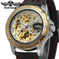 Wholesale NEW WINNER Fashion Men s Silicone sports Watch Skeleton Hand Winding Mechanical Wristwatch military clock Erkek Kol Saati