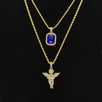 Wholesale Mens Hip Hop Jewelry sets Mini Square Ruby Sapphire Full crystal Diamond Angel wings pendant Gold chain necklaces For male Hiphop Jewelry