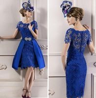 Wholesale Illusion Neck Blue Lace Mother of The Bride Dresses Knee Length Overskirt Formal Evening Gowns Zipper Back Dresses Plus Size