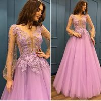 Wholesale A Line Pink Tulle Evening Dresses Long Sleeves Transparent Beaded Long Prom Dresses For Birthday