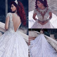 Wholesale Shinny Beaded Long Sleeve Ball Gown Wedding Dress Sparkly Sheer Back Lace Plus Size Bridal Gown Custom Made