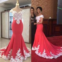 Wholesale Fashion White Lace Red Satin Mermaid Evening Mother of the Bride Dress Formal Gowns Off shoulder African Prom dress