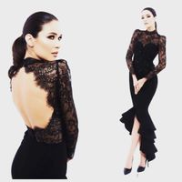 Wholesale Black Lace High Neck Long Sleeve Mother of Bride Dress High Low Mermaid Fitted Mother of the Groom Suit Wedding Party Gowns