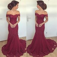 Wholesale New Design Hot Burgundy Mermaid Prom Evening Dresses Arabic Sexy Off Shoulders Appliques Beaded Long Verstidos Formal Party Wear Gowns