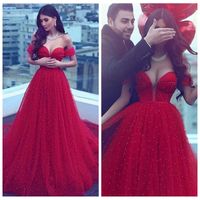 Wholesale Luxury Off the shoulder Cap Sleeve Tulle Red Prom Dresses Court Train Overall Pearls Beaded Evening Gowns Zipper Up Long Formal Party Dress