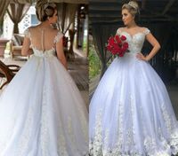 Wholesale New Sexy A Line Wedding Dresses Sweetheart Tulle Lace Appliques Long Sleeves Puffy Sheer Button Back Plus Size Arabic Wedding Bridal Gowns