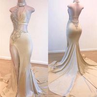 Wholesale 2019 Sexy Mermaid Prom Dresses Keyhole Neck Beaded High Neck Split Satin Long Evening Gowns Open Back Cutaway Sides Vestidos