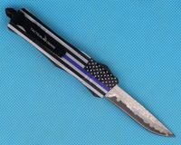 Wholesale Blue Flag Inch Mini Auto Tactical Knife Damascus Steel Single Drop Point Fine Edge Blade EDC Pocket Knives