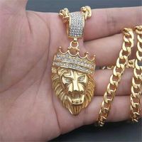 Wholesale Hip Hop Full Iced Out Bling Lion Necklace Rhinestone Cuban Chain Gold Color Pendants Necklaces For Men Jewelry Dropshipping