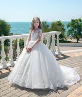 Wholesale Beautiful White Ball Gowns Princess Kids Wedding Dresses Lace Appliques Pearl Long Sleeves Girls Pageant Gown Tulle Flower Girl Dress