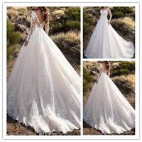 Wholesale Sexy V Neck Backless A Line Sheer Lace Applique Long Sleeve Bridal Wedding Dress Classic Wedding Gowns