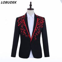 Wholesale Men s Applique Design Formal Suit Jacket Black red Floral Blazers Male Singer Host Wedding Groom Dress Slim Coat Bar Costume Plus Size S XL
