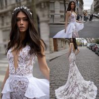 Wholesale Custom Mermaid Wedding Dresses New Design Open Back Illusion Vintage Lace Vestido De Novia with Overskirt Bridal Gowns