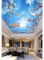Wholesale Custom D photo ceiling zenith interior decorative mural Blue sky white clouds cherry blossom living room mall ceiling zenith mural