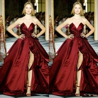 Wholesale 2020 Dark Red Prom Dresses Zuhair Murad Ruched Lace Beaded Side Split Evening Dress Formal Cocktail Party Gowns robes de soirée