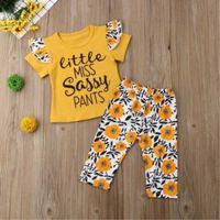 Wholesale Baby Girls Clothes Set Summer Kid Little Miss Sassy Outfit Toddler Fly Sleeve T Shirt Floral Pants Children Clothing Set