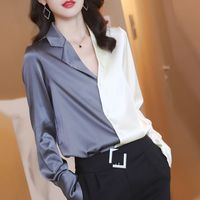Wholesale MEVGOHOT Mulberry Silk Woman Fashion Splice Shirt Casual Loose Patchwork Long Sleeve Silk Blouse Female Home Wear Tops HD2092