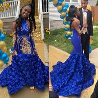 Wholesale Chic Royal Blue Long Prom Dress African Black Girl Gold Sequin D Flowers Halter Long Sleeve Mermaid Party Gowns