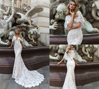 Wholesale 2020 Crystal Design Mermaid Wedding Dresses Deep V Neck Sweep Train Lace Tulle Appliques Bell Sleeve Country Bridal Dress Vestido De Novia