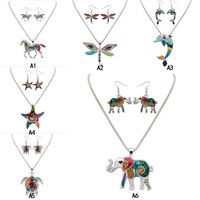 Wholesale Rainbow Enamel Animal Jewelry Set unicorn dragonfly dolphin Elephant starfish Turtle Pendant Necklace Dangle Ear hook Earring For women Gift