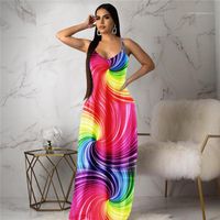Wholesale Females Gradient Clotes Womens Rainbow Striped Print Dress Summer Designer Sexy Spagetti Strap V Neck Panelled Dresses