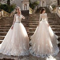 Wholesale Modest Long Sleeves A Line Wedding Dresses Fashion Lace Appliqued V Cut Open Back Bridal Gown Plus Size Vestidos