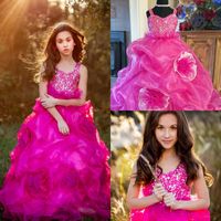 Wholesale Fuchsia Girls Pageant Dresses V Neck Lace Beaded Crystal Ruffles Tiered Skirts Flower Girls Dress Modest A Line Kids Party Gowns