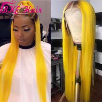 Wholesale Ombre Yellow with brown Roots Lace Front Synthetic Wigs Pre Plucked Long Straight Wigs with Baby Hair for women