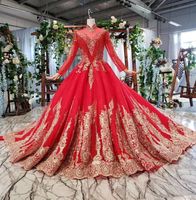 Wholesale Red Vintage High Neck Muslim Wedding Dresses Lace Elegant Long Sleeves Real Photos Puffy Bride Dress without Veils Ball Gowns