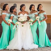 Wholesale 2020 Mint Green African Off The Shoulder Mermaid Bridesmaids Dresses Floor Length Sleeveless Sexy Black Girl Wedding Guest Prom Dress BM1951