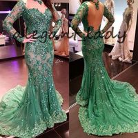Wholesale Emerald Green Mermaid Evening Formal Dresses with Long Sleeve Sparkly Sheer Jewel Neck Lace Sequins Occasion Prom Wear Dress