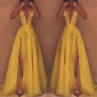 Wholesale Yellow Deep V Neck Sleeveless Prom Dresses Lace Applique Split Side D Chiffon Long Backless Evening Gowns