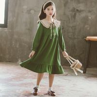 Wholesale Korean Girls Dress Autumn and Winter Models Army Green Doll Collar Loose Long Sleeve Princess Dresses for Big Girl