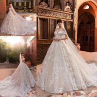 Wholesale 2020 Champagne Ball Gown Wedding Dresses Off the Shoulder Full D lace Flowers Court Train with veil Custom Made lace up Bridal Gowns