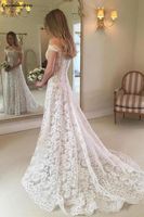 Wholesale Off Shoulder Lace Wedding Dresses Champange Ivory Sweep Train Button Back A Line Elegant Bridal Gowns Robe De Mariee Cheap