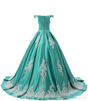 Wholesale Elegant Hunter Green Off the Shoulder Quinceanera Dresses Applique Sweep Train Lace Up Back Custom Made Sweet Graduation Ball Gown