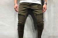 Wholesale Men Fold Hole Jeans Solid Color Green Hip Hop Casual Long Jeans Ripped Skinny Biker Slim Fit Designer Men Pants