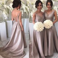 Wholesale A Line Long Satin Bridesmaids Dresses Plus Size Simple Beach Maid of Honor Gowns Backless Evening Wear